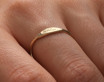 14K Gold Custom Birth Flower Ring | Dainty Birth Flower Band | Engraved Tiny Flower Ring | Wild Flower Jewelry Gift | Birth Month Mini Ring