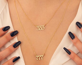Collier porte-bonheur personnalisé 14 carats | Chiffre angélique en or | 999, 111, 777, 222, 666, 555 Collier | Bijoux personnalisés délicats | Cadeau de demoiselle d'honneur