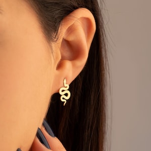 Pode incluir: Brincos de cobra de ouro. Os brincos são pequenos e delicados, e a cobra está enroscada em uma pose realista.