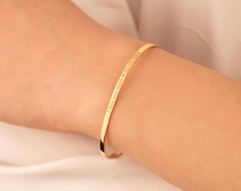 Manchette gravée personnalisée en or 14 carats | Bracelet-jonc prénom délicat | À enfiler personnalisé | Mots manuscrits bijoux | Cadeau bracelet personnalisé