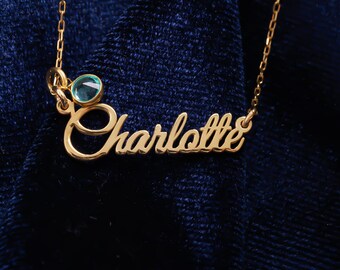Collier prénom avec pierre de naissance en or 14 carats - écriture personnalisée pour bijoux