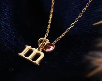 Collier avec pierre de naissance initiale en or 14 carats | Bijoux de naissance personnalisés | Collier prénom délicat | Collier lettre pierre de naissance | Cadeau de Noël