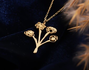 Collier fleur de naissance en or 14 carats - Bijoux de bouquet de famille personnalisés