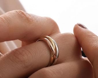 Bague triple roulant en or 14 carats | Jonc tricolore en or | Anneau anti-anxiété | Bracelet à emboîtement | Bague agitée en or | Déclaration élégante