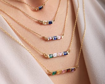 14K Gold Custom Baguette Birthstone Necklace | Dainty Multiple Gemstone Jewelry | Personalized Birth Month Necklace | Mother Day Gift