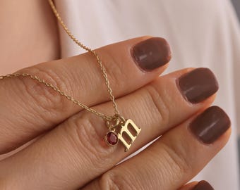 Collier avec pierre de naissance initiale en or 14 carats | Bijoux de naissance personnalisés | Collier prénom délicat | Collier lettre pierre de naissance | Mini pendentif initiale