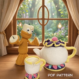 May include: A crochet set featuring a yellow candelabra figure with two arms, a white teapot with a purple ruffled lid and base, and a small white teacup with a yellow handle and colorful base. The text PDF PATTERN is visible at the bottom.