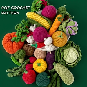 May include: A collection of colorful crocheted vegetables including a pumpkin, corn, carrot, beet, garlic, chili, eggplant, cabbage, and peppers. The text PDF CROCHET PATTERN is visible in the upper left corner. These items are crafted with yarn.