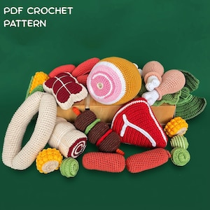 May include: A collection of crocheted food items including a steak, chicken leg, sausage, corn, and various meats. The text PDF CROCHET PATTERN is visible in the top left corner. These handmade textile pieces feature detailed stitching in red, brown, pink, and green.