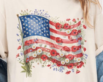 Floral American Flag PNG: 4th of July Wildflower Clipart (Digital Download)