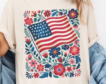 Floral American Flag PNG: 4th of July Sublimation Design (Digital Download)