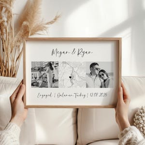 Puede incluir: Un marco de madera rectangular que contiene una impresi&oacute;n personalizada con el texto Megan & Ryan en la parte superior y Engaged | Dalaman, Turkey | 12.08.2025 en la parte inferior. La impresi&oacute;n muestra dos fotos en blanco y negro.