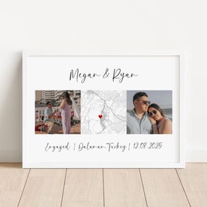Puede incluir: Una impresi&oacute;n horizontal enmarcada con el texto Megan & Ryan en la parte superior y Engaged | Dalaman, Turkey | 12.08.2025 en la parte inferior. El centro muestra tres paneles: una foto de una propuesta, un mapa con un coraz&oacute;n rojo y una pareja.