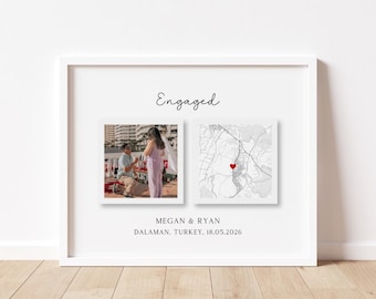 Personalised Engagement Map and Photo Print, Custom Proposal Location Gift, Engagement Keepsake, Couple Wall Art
