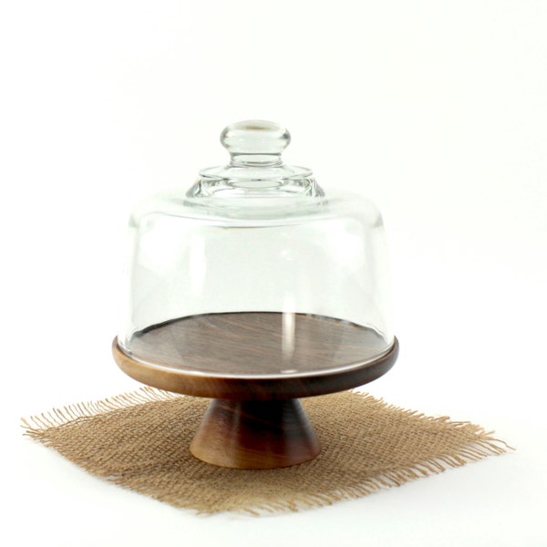 Walnut Cake Stand with Glass Dome / Wooden Cake Plate Pedestal Cake Stand Rustic Cupcake Tray