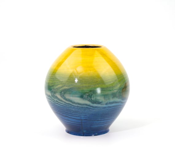 Wooden Blue, Green and Yellow Bowl, Dyed Vase / Home Decor