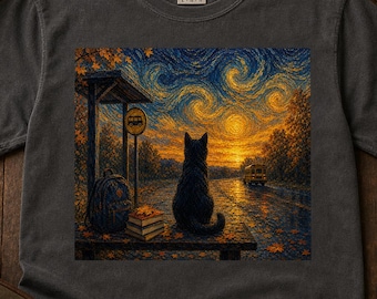 Black Cat Bus Stop T-Shirt, Starry Night Sky Graphic Tee, Back To School Gift