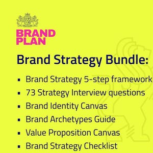 Può includere: Uno sfondo giallo con un logo rosa e nero che dice "BRAND PLAN" e il testo "Brand Strategy Bundle:" in nero. Sotto il testo, dei punti elenco elencano il contenuto del pacchetto: "Brand Strategy 5-step framework", "73 Strategy Interview questions", "Brand Identity Canvas", "Brand Archetypes Guide", "Value Proposition Canvas" e "Brand Strategy Checklist". L'immagine mostra anche una pagina parzialmente visibile di un documento con il testo "THE ML. UPSIDE BRAND MODEL" in nero.