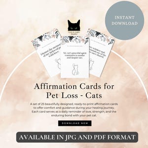 Tarjetas de afirmación por la pérdida de una mascota (edición para gatos), imprimibles, en formato digital A4, en formato JPEG de alta resolución, para sanar el duelo y para expresar condolencias