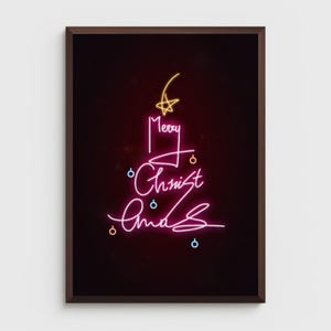 DIGITAL Merry Christmas Text Neon Tree Postcard Background | Illustrated Postcard | Poster | Instant Download Printables