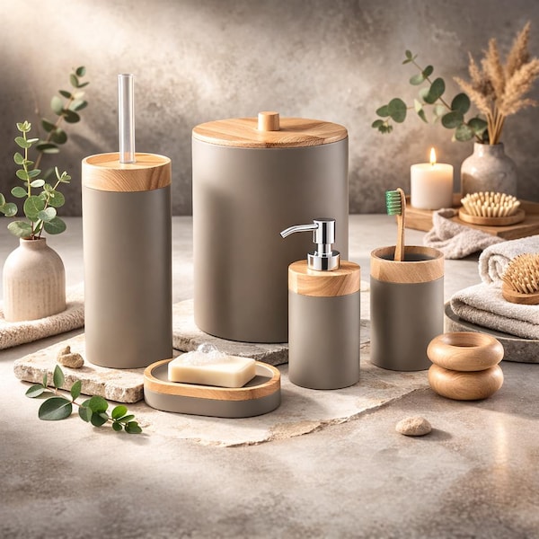Moderno juego de accesorios de baño de 5 piezas con tapa de bambú: dispensador de jabón líquido, cepillo de baño, bote de basura, jabonera y soporte para cepillo de dientes.