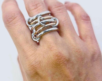 Super Chunky Maximalist Two Tone Handmade Sterling Silver & Gold Filled Linked Ring, Statement Ring