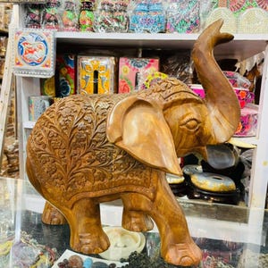 Hand Carved Sheesham Wood Elephant Statue: Large Spiritual Home Decor Animal Figurine Showpiece Art