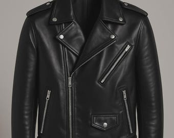 Men’s Black Biker Leather Jacket: Genuine Cowhide Slim Fit Coat Classic Cafe Racer Outerwear