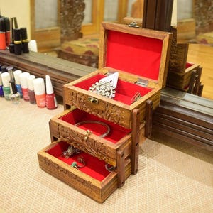 Handcrafted Foldable Wooden Jewelry Box Organizer Velvet Lined Expandable Compartments Storage Box