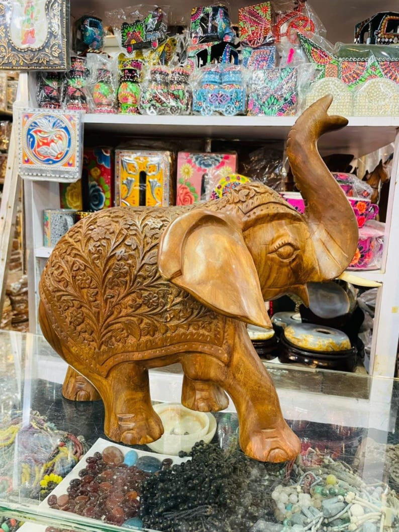 Hand Carved Wooden Elephant Statue Large Elephant Figurine Rustic Home ...