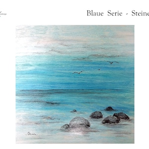 ブルーシリーズ - 石 - 木の上のアクリル画、ユニーク、古い木、絵画、海事
