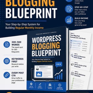 Puede incluir: Una infografía azul oscuro titulada WordPress Blogging Blueprint, que presenta una ilustración de portada de libro, un icono de portátil y varias secciones de texto que detallan un sistema paso a paso para crear un blog y generar ingresos.