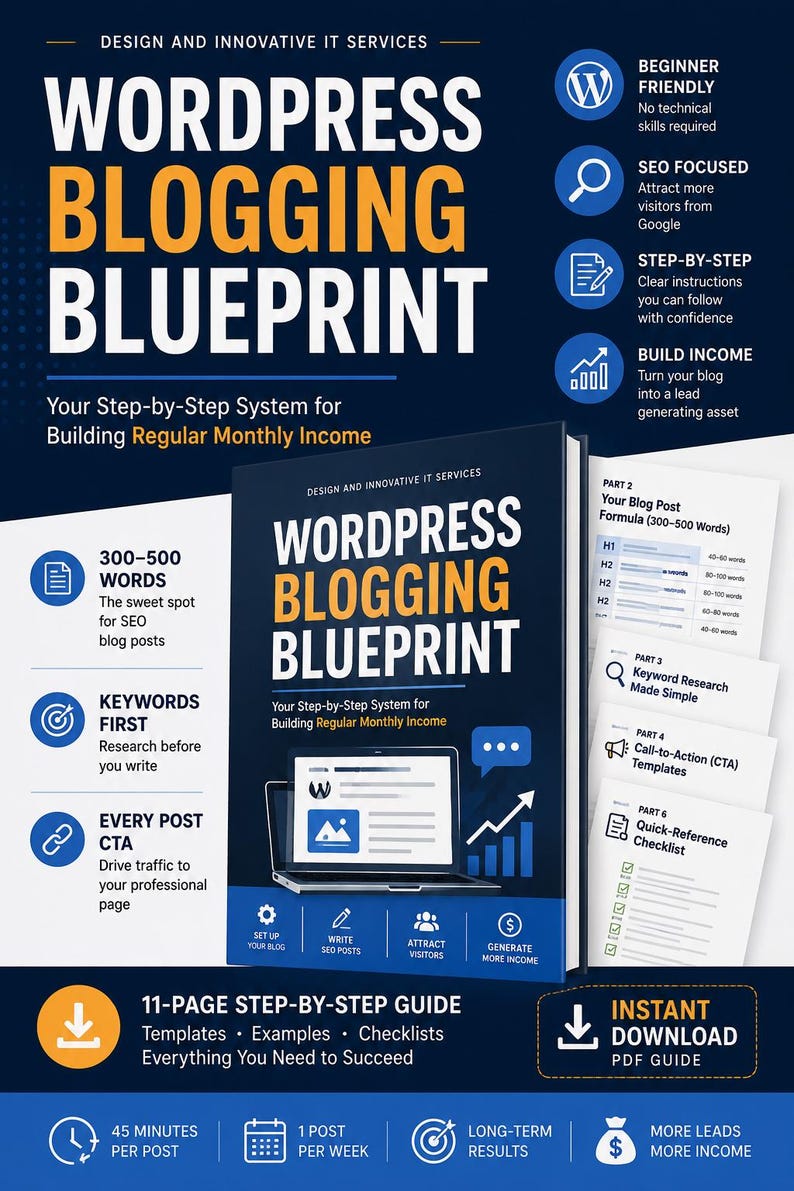 Puede incluir: Una infograf&iacute;a azul oscuro titulada WordPress Blogging Blueprint, que presenta una ilustraci&oacute;n de portada de libro, un icono de port&aacute;til y varias secciones de texto que detallan un sistema paso a paso para crear un blog y generar ingresos.