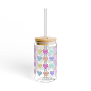 16oz Candy Heart Sipper Glass tumbler Reusable Drink Cup Eco-Friendly BPA free Gift for her Valentine&#39;s Day