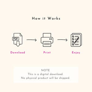 May include: A diagram showing how to download, print, and enjoy a digital product. The diagram shows a PDF file being downloaded, then printed, and finally a checklist with a pen.