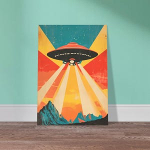 Vintage UFO Poster Retro Sci-Fi Alien Abduction Print Mid-Century Space Art Cosmic Outer Space Decor Futuristic Spaceship Wall Art