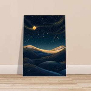 Himmlischer Nachthimmel Wand Kunst Gold und Marine Landschaftsdruck Kosmische Sternennacht Poster Elegante Minimalistische Mondbeschienene Hügel Luxus Dekor