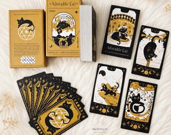 Black & Gold Cat Tarot Deck – Adorable Cat, RWS Style, Standard Edition, Beginner-Friendly
