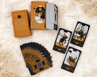 Adorable Cat Tarot Deck | Waterproof PVC Mini RWS Cards (Black Gold Witchy)