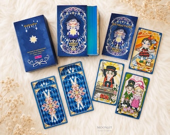 May include: A deck of tarot cards titled Walnut Puppet, featuring a dark blue box with gold star accents, an instruction booklet, and several cards displaying colorful cartoon illustrations of characters, including The Magician and The Lovers.