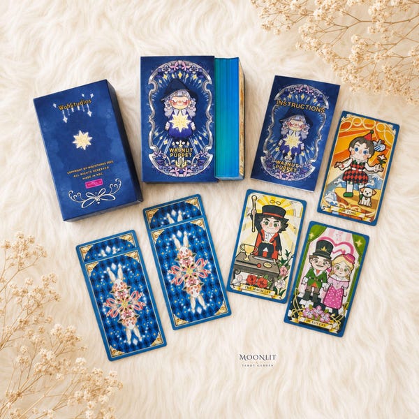 RWS Tarot Deck with Bilingual Guidebook, Holographic Foil Edges, Whimsical Blue Tarot —— Walnut Puppet