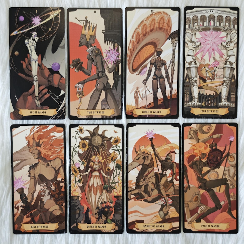 May include: A set of eight tarot cards from the Wands suit, featuring stylized illustrations of figures and celestial elements in a warm color palette. Each card displays a unique scene with intricate details, including the Ace, Two, Three, Four, King, Queen, Knight, and Page of Wands, all labeled with their respective titles at the bottom.
