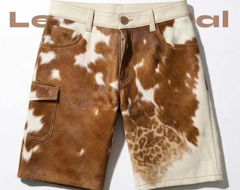 Handmade Cow Print Leather Shorts  Western Biker Fashion - Festival Outfit - Unisex