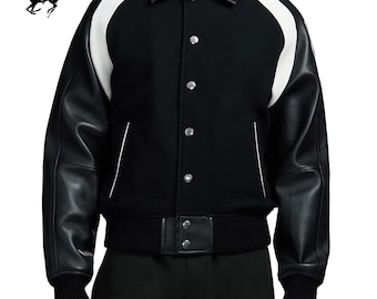 Varsity-jack met leren mouwen | Wollen bomberjack | Streetwear-bovenkleding