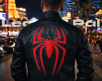 Men’s Leather Spiderman Jacket with Bold Red Spider Logo – Handmade Embroidered Spiderman Design
