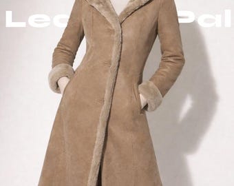 Handmade Women’s Luxury Shearling Leather Coat – Genuine Sheepskin Fur Winter Trench Coat