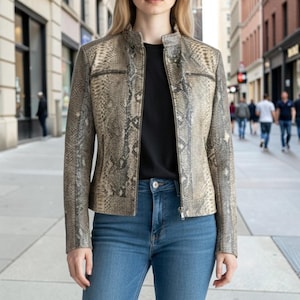 Python Leather Jacket for Women | Cow & Sheep Leather | Genuine Exotic Snakeskin Style | Biker Zip Up | Handmade Luxury Outerwear
