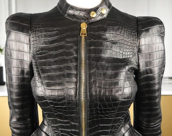 Black Crocodile Embossed Leather Jacket for Women - Women&#39;s Vegan Fitted Biker Style with Gold Zipper – Statement Outerwear