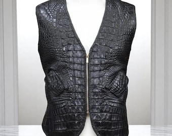 Men&#39;s Vintage Crocodile-Pattern Leather Biker Vest – 100% Genuine Cowhide, Drum Dyed – Motorcycle Club Style Waistcoat