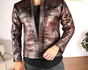 Men’s Crocodile-Pattern Leather Jacket – Genuine Cowhide Biker Style – Handmade Vintage Brown Motorcycle Jacket
